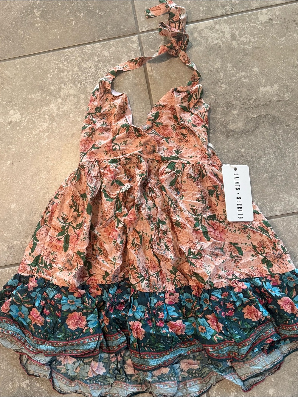 Peach Floral Halter Dress with Teal Contrast Hem